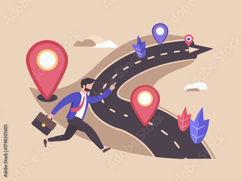 Businessman running on a winding road with map pins indicating direction and destination