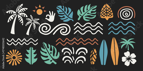 Tropical summer beach elements collection with palm trees sun waves surfboards and leaves