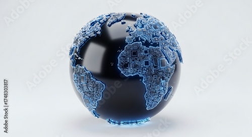 Digital earth globe with blue circuit patterns on a white background