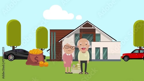 Animated elderly couple standing near house, symbolizing retirement, love, and peaceful life