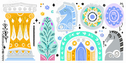 Whimsical collection of stylized greek column horses flowers and geometric patterns in a bright palette