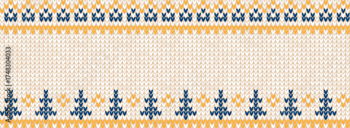 Cozy Knitted Christmas Horizontal Border Banner with Scandinavian Ornaments. Yellow and Blue Sweater Background Holiday Pattern. Ugly Sweater Style fair isle, Knit Design Vector Illustration