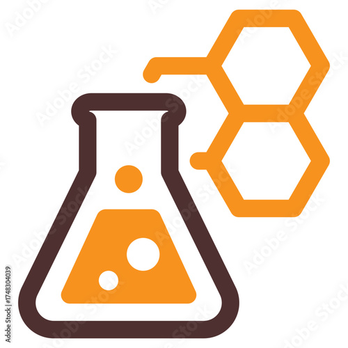 Vector icon showing chemistry flask with molecule symbol, perfect for science, lab, or chemical design.