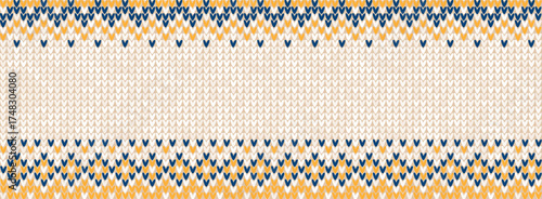 Cozy Knitted Christmas Horizontal Border Banner with Scandinavian Ornaments. Yellow and Blue Sweater Background Holiday Pattern. Ugly Sweater Style fair isle, Knit Design Vector Illustration