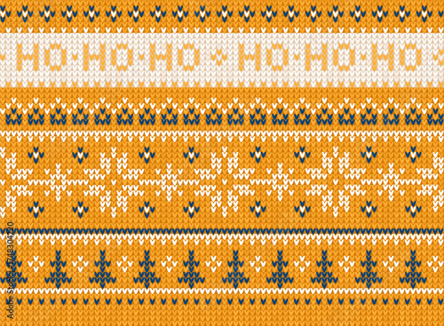 Cozy Knitted Christmas Horizontal Border Banner with Scandinavian Ornaments. Yellow and Blue Sweater Background Holiday Pattern. Ugly Sweater Style fair isle, Knit Design Vector Illustration