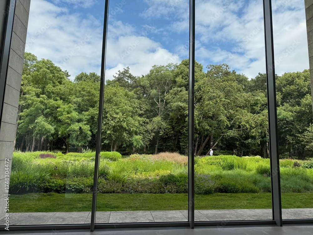Naklejka premium Beautiful green trees and other different plants under blue sky, view through panoramic windows
