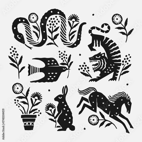 folk design illustration bird hawk flower floral tiger snake serpent rabbit hare bunny horse swallow eagle traditional sunflower