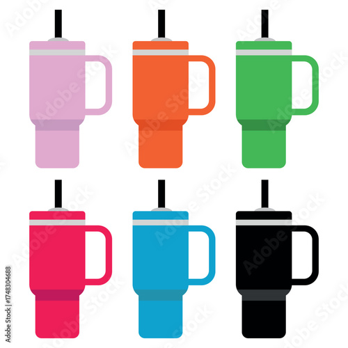 Sipper icon set vector Illustration – Water bottle symbols, drink flask design, reusable cup and travel mug Icons, fitness and hydration equipment collection