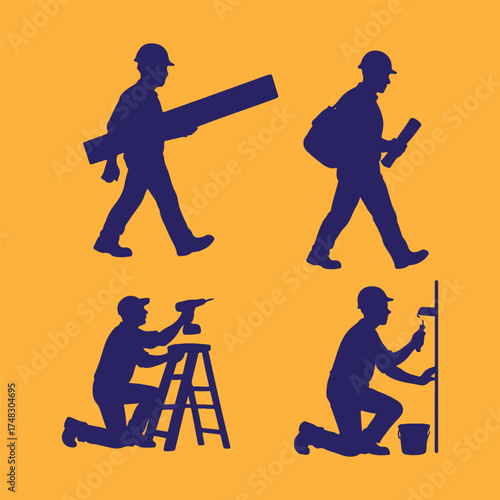set of construction worker silhouette vector