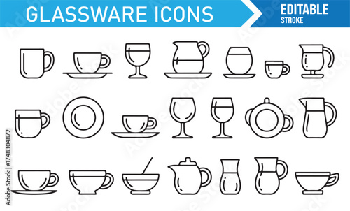 Modern outline kitchen glassware icon set, vector elements of utensils, dishes, and glasses for table design