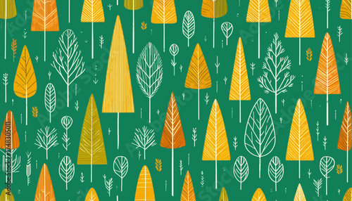 seamless vector pattern with long trees and leaves in yellow, orange and green colors