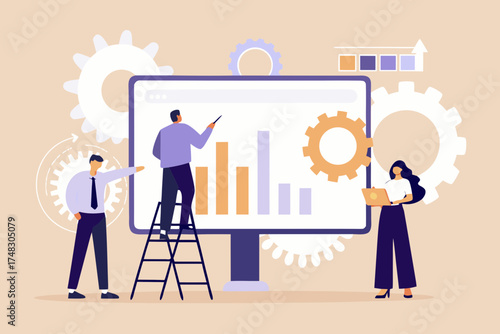 Team of professionals analyzing business growth chart on a large screen with gears and data visualization elements