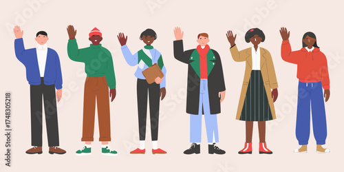 Diverse group of people waving hello with friendly smiles and colorful clothing