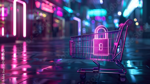 Futuristic Digital Lock and Puzzle Elements in a Neon Cybersecurity Environment