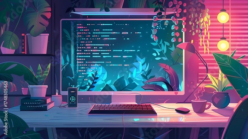 Futuristic Digital Lock and Puzzle Elements in a Neon Cybersecurity Environment