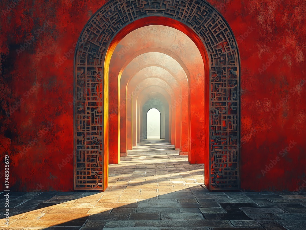 Fototapeta premium Red Architectural Arched Passageway with Repeating Doors and Light at End of Corridor