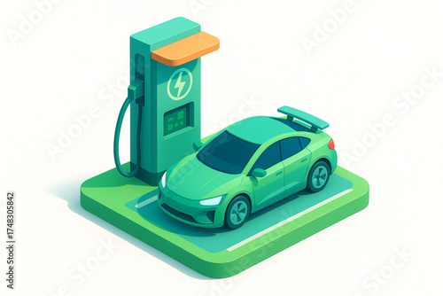 Isometric low poly electric car charging station in pastel green and blue   