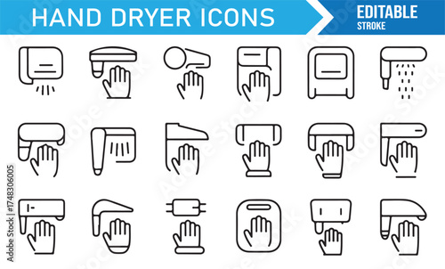 Linear electric hand dryer collection, editable stroke icons for bathroom, sanitation, and hygiene graphics