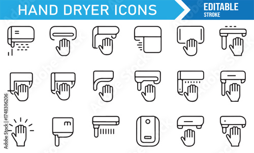 Minimal line hand dryer icons collection, air blower symbols for bathroom, hygiene, and sanitation concepts