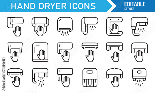Outline vector of hand dryers, editable stroke icons for clean hygiene, restroom, and air drying devices