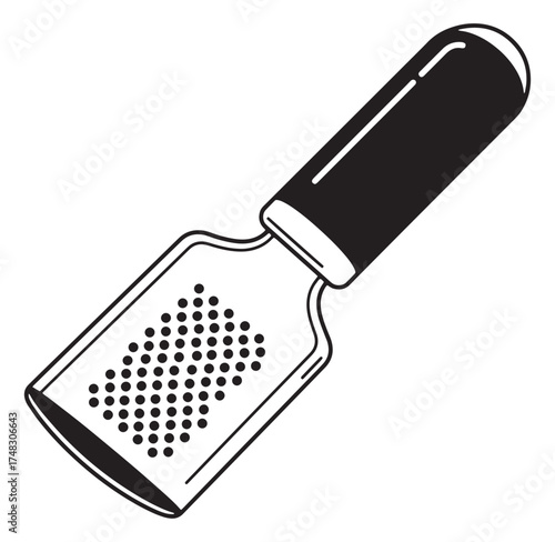 Black and white illustration of a handheld kitchen cheese grater on a white background
