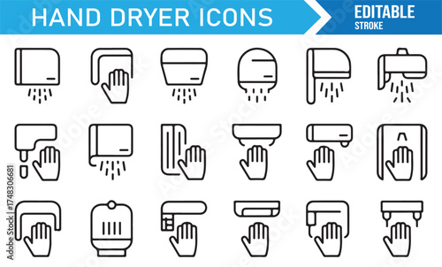 Modern electric hand dryer icons set, thin line editable vector for restroom and hygiene concept illustrations