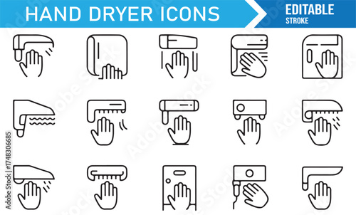 Editable stroke air hand dryer icons pack, hygiene and cleaning device symbols for public washroom graphics