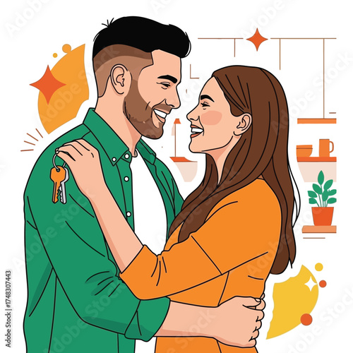 Happy couple embracing holding house keys celebrating new home ownership