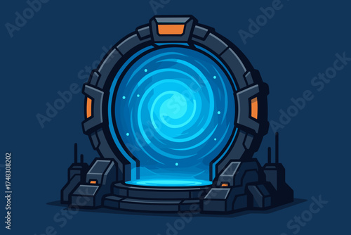 Futuristic portal with a swirling blue vortex in a metallic frame, creating a sci-fi atmosphere on a dark background
