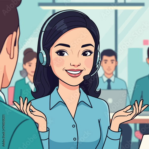 Friendly customer service representative wearing a headset in an office setting