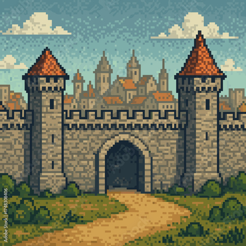 Pixel art illustration of a medieval castle with towers and an archway leading to a quaint cityscape