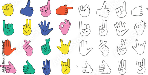 Colorful and line art hand gesture icon collection. Thumbs up, pointing finger, fist and palm, okay gesture, and peace hand signs. Doodle hands icon stickers vector icon set stock illustration