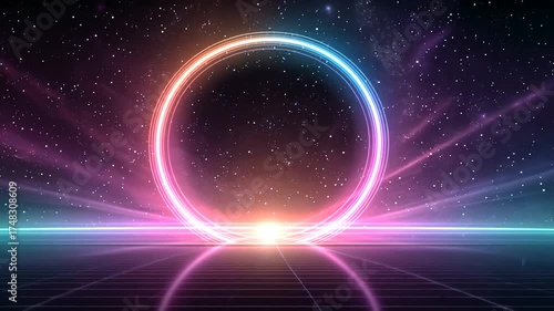 Futuristic Neon Portal Surrounded by Vibrant Cosmic Space and Stars