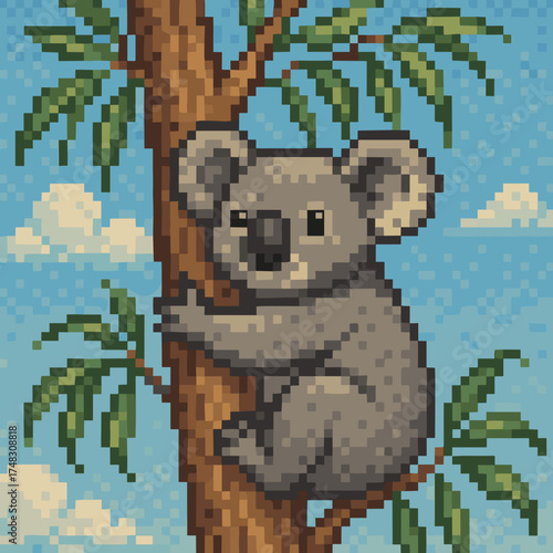 Pixel art illustration of a cute koala sitting on a tree trunk with green leaves against a blue sky