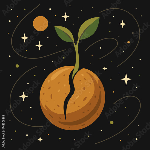 Whimsical illustration of a cracked planet sprouting a green seedling against a starry background