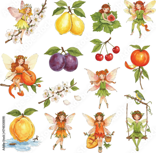 Watercolor illustration of fruit fairies set