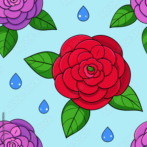 Seamless pattern of vibrant red and purple camellia flowers with green leaves and blue raindrops on a light blue background
