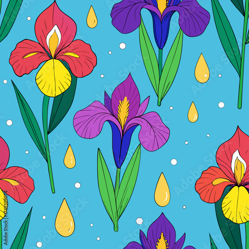 Seamless pattern of vibrant red and purple irises with yellow drops and white circles on a bright blue background