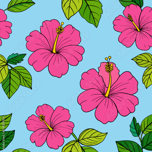 Seamless pattern of vibrant pink hibiscus flowers and green leaves on a light blue background