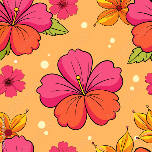 Vibrant seamless pattern of tropical hibiscus flowers in pink orange and yellow on a warm orange background with subtle polka dots