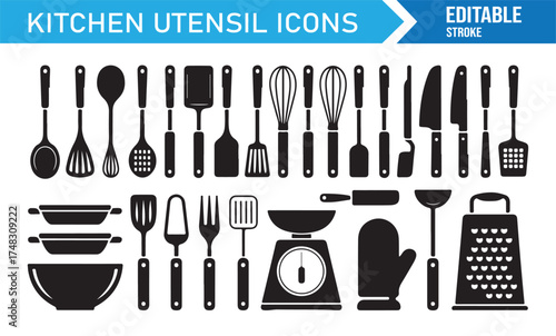 Black and white kitchen utensil silhouettes, editable stroke vector symbols for chef and cooking themes