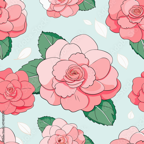 Seamless pattern of beautiful pink camellia flowers with green leaves and subtle light petals on a light blue background
