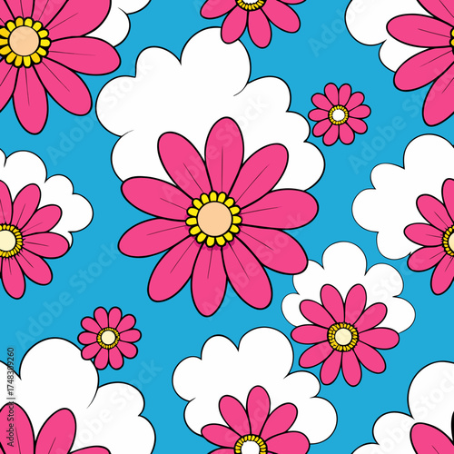 Vibrant pink daisy flowers and fluffy white clouds on a bright blue sky background seamless pattern