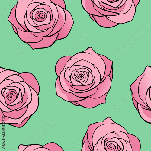 Seamless pattern of pink roses with black outlines on a light green background a beautiful floral design