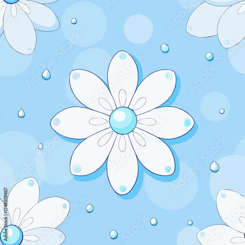 Seamless pattern of stylized white daisies with blue centers and dew drops on a light blue background with circles