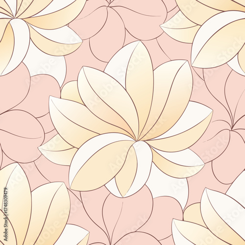 Seamless pattern of stylized pastel yellow and cream flowers with delicate outlines on a soft pink background