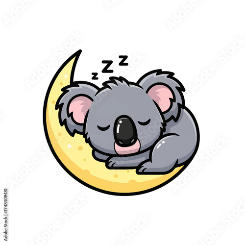 Cute Cartoon Koala Sleeping on Crescent Moon Adorable Illustration for Children's Designs