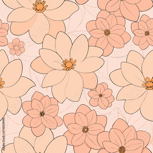 Seamless pattern of large and small stylized peach colored flowers with delicate outlines on a soft pink background