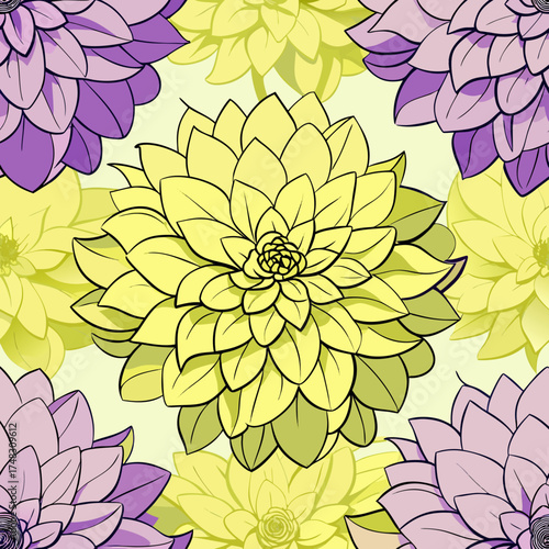 Seamless pattern of vibrant yellow and purple dahlia flowers with delicate outlines on a pale green background