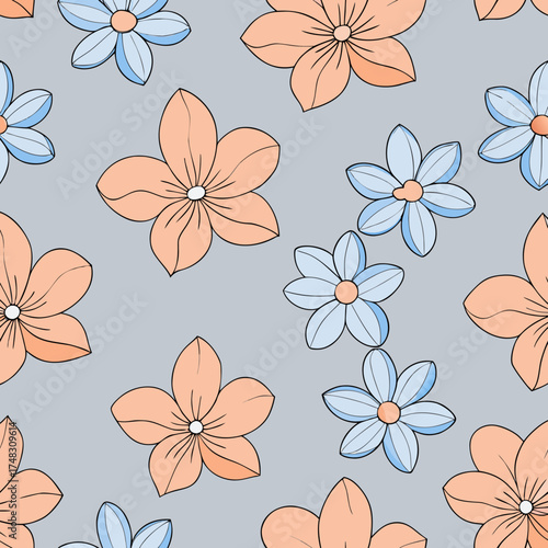 Seamless pattern of simple stylized peach and light blue flowers with dark outlines on a gray background